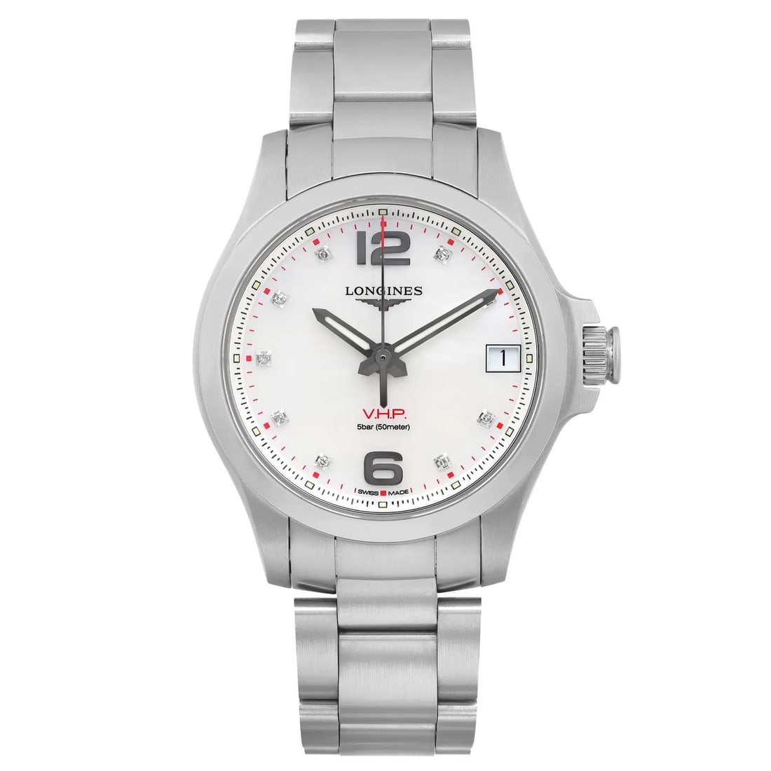 Longines Conquest V.H.P. 36mm Quartz Ladies Watch MOP Dial Diamond Markers: Longines Conquest V.H.P. 36mm Quartz Ladies Watch MOP Dial Diamond Markers This Longines Conquest V.H.P. ladies watch features a stunning 36mm round case crafted from stainless steel with a satin fini