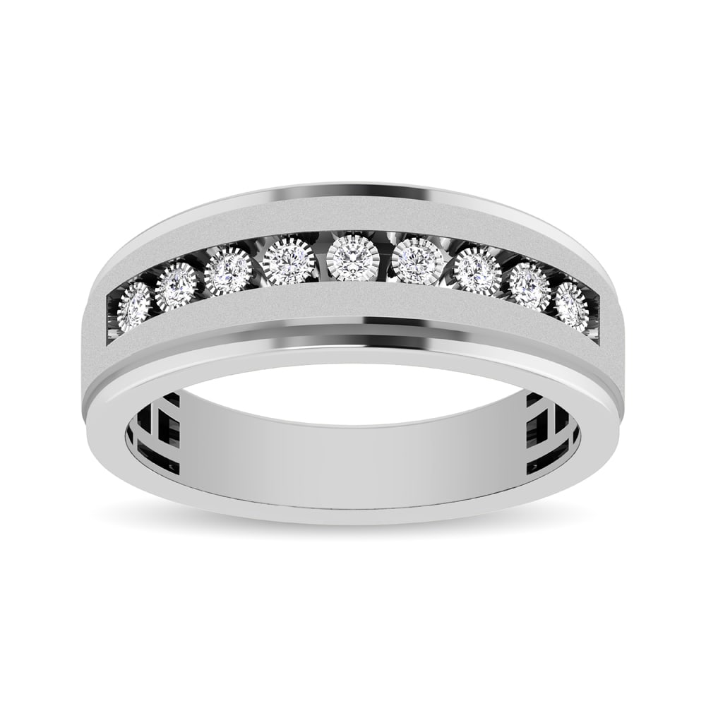 10K White Gold 1/10 Ct.Tw. Diamond Illusion Mens Band: 10K White Gold 1/10 Ct.Tw. Diamond Illusion Mens Band Exchange your vows with this handsome 10K white gold illusion Men?s band set with 9 round shape diamonds of totaling 1/10 ctw. Each channel-set di