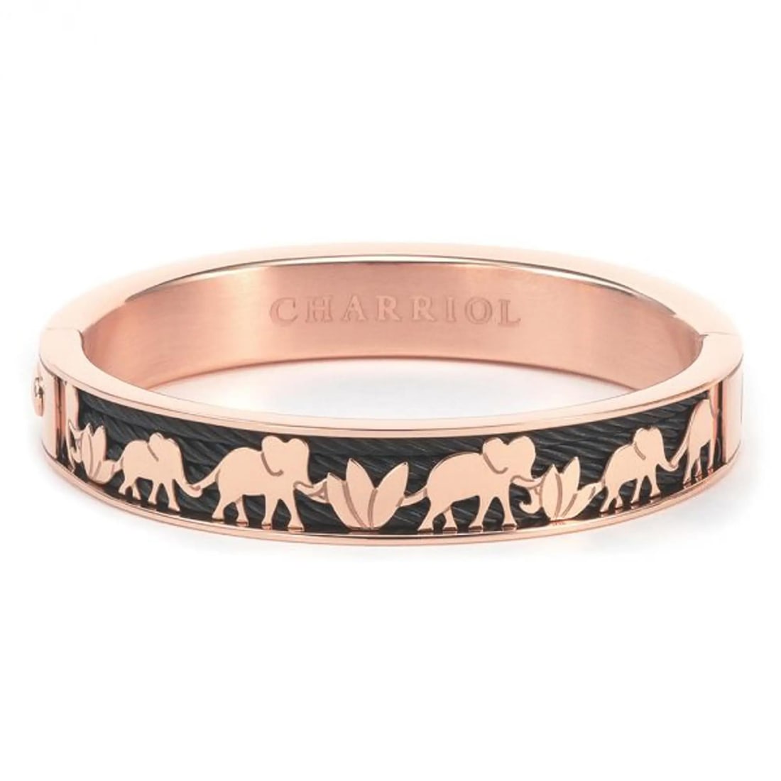 Charriol Forever Elephant Rose Gold Bangle with Black PVD Steel: Charriol Forever Elephant Rose Gold Bangle with Black PVD Steel This exquisite Charriol Forever Elephant bangle is a stunning accessory that combines elegance and symbolism. Crafted from rose gold PVD