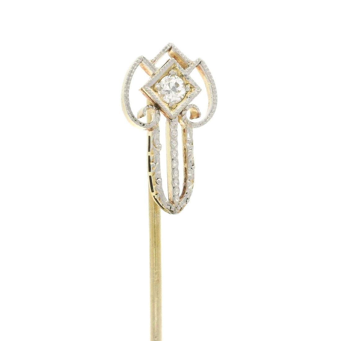 Edwardian 14k Gold Platinum Diamond 0.08ct Open Work Stick Pin: Edwardian 14k Gold Platinum Diamond 0.08ct Open Work Stick Pin This exquisite Antique Edwardian stick pin features a stunning open work design crafted from solid 14k yellow gold with a platinum top. A