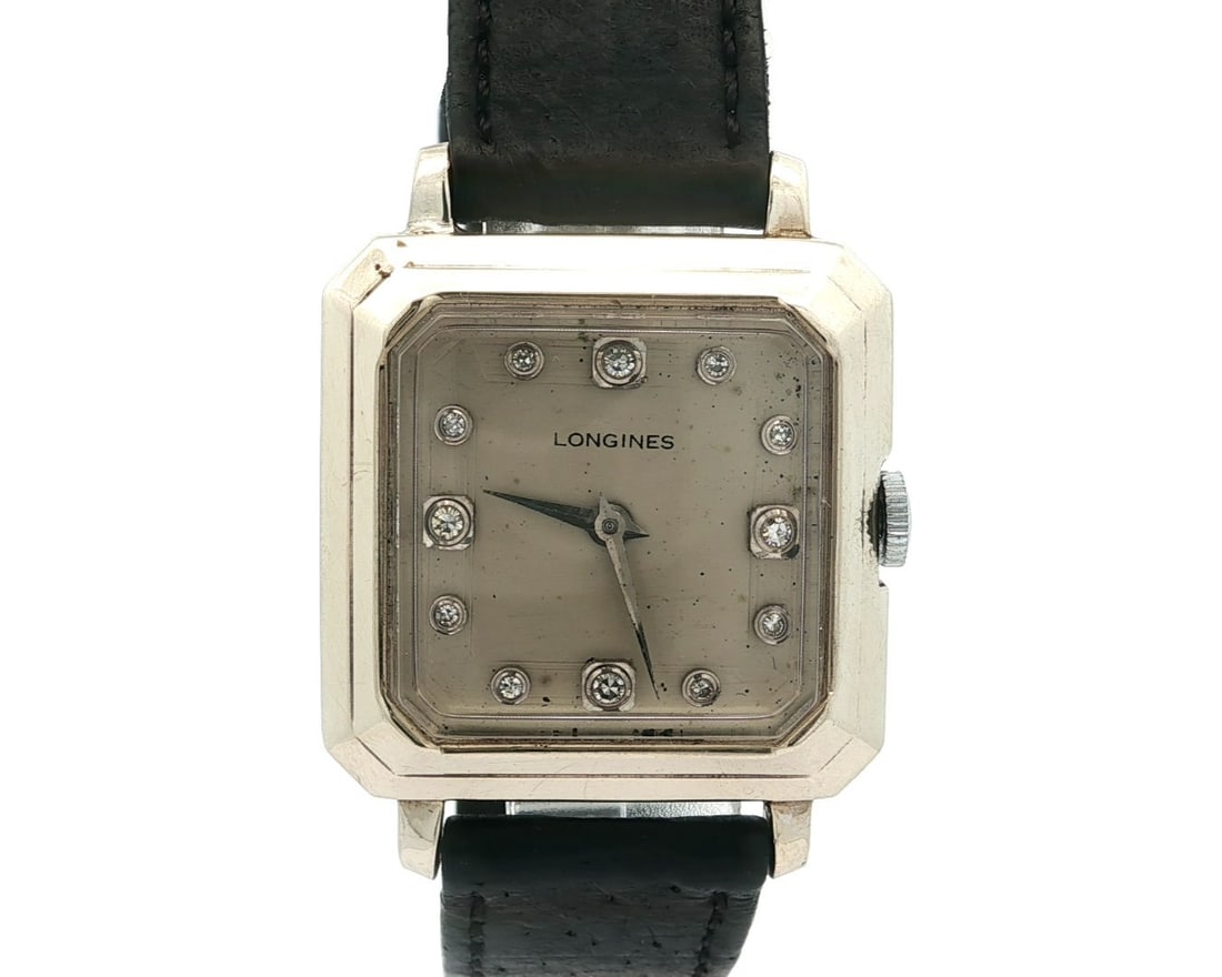 Vintage Longines 14k White Gold Mechanical Watch Diamond Dial Cal. 23Z: Vintage Longines 14k White Gold Mechanical Watch Diamond Dial Cal. 23Z This vintage Longines wristwatch is a remarkable blend of elegance and functionality. Crafted with a solid 14k white gold case, t