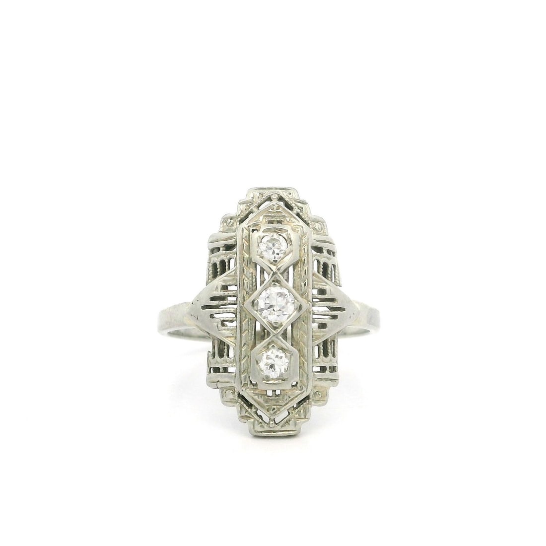 Antique Art Deco 18k White Gold Diamond Filigree Ring 0.16ctw (1 of 13)
