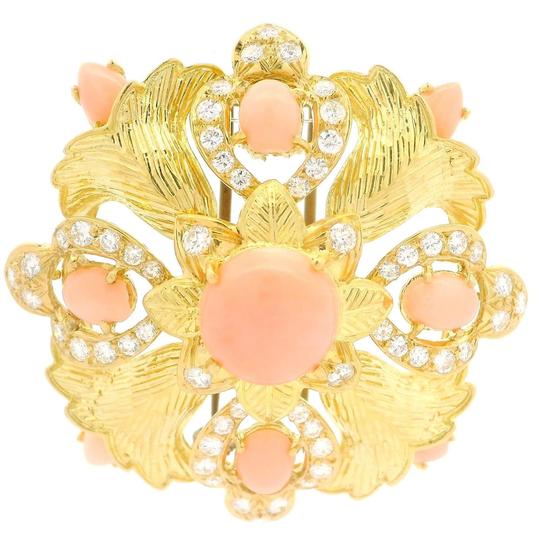Vintage 18k Gold Coral Diamond Flower Brooch Angel Skin Pink (1 of 7)