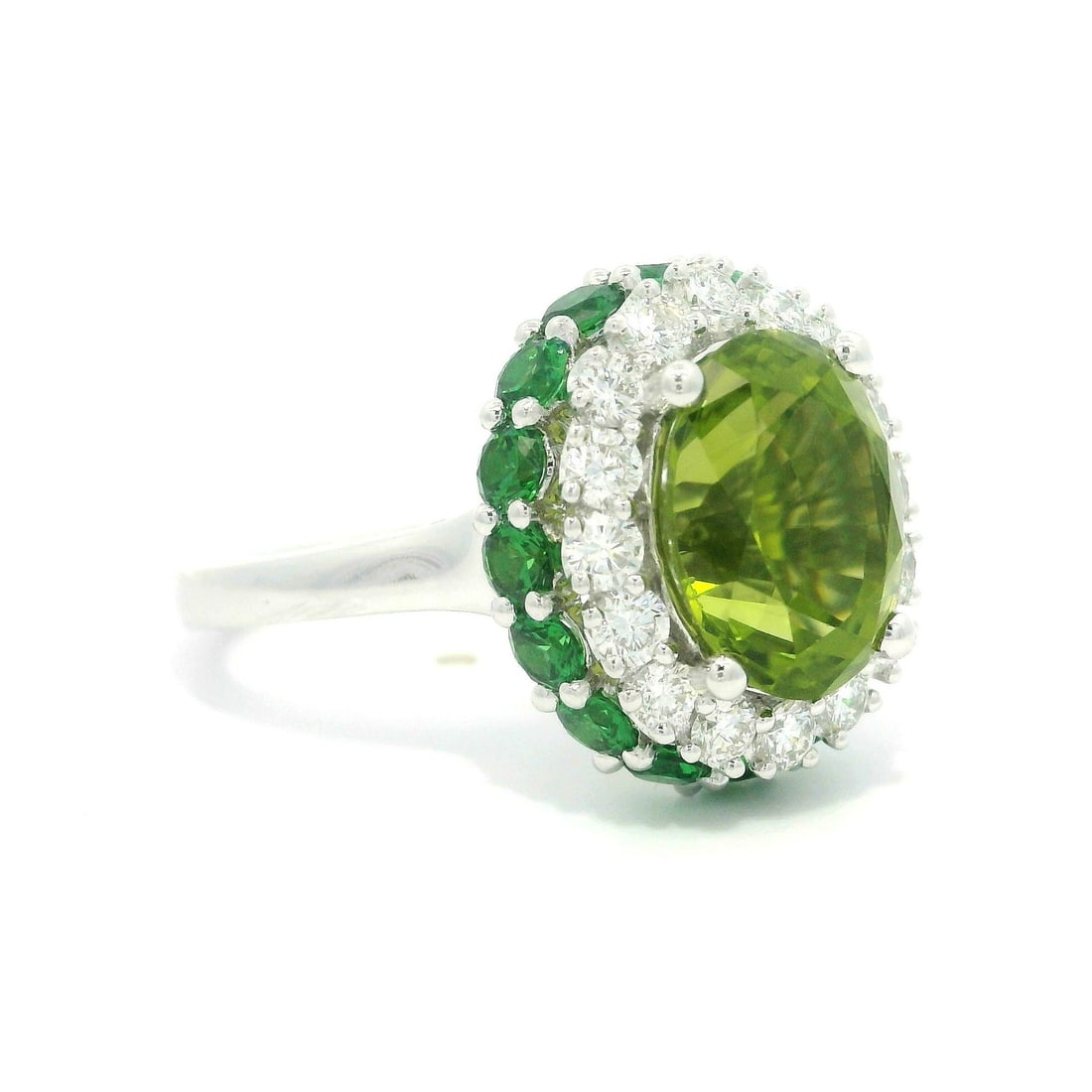 18k White Gold 5.03ctw Peridot Diamond Tsavorite Double Halo Ring (1 of 16)