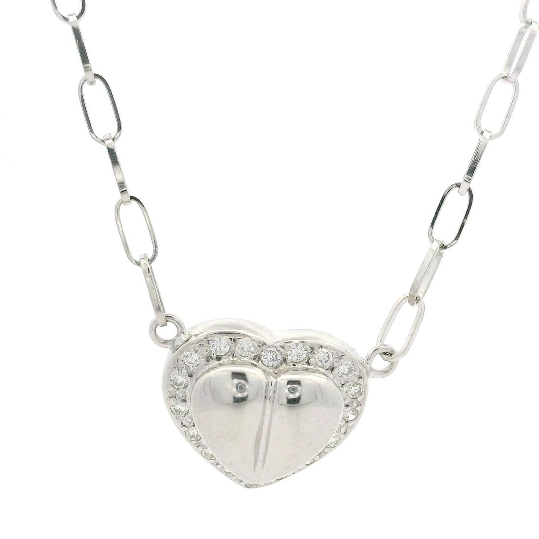 Unbranded White Gold 0.27ctw Diamond Heart Pendant Necklace: Unbranded White Gold 0.27ctw Diamond Heart Pendant Necklace This exquisite White Gold Diamond Puffed Domed Heart Pendant is a charming piece designed for elegance and style. Crafted from solid 17-18k