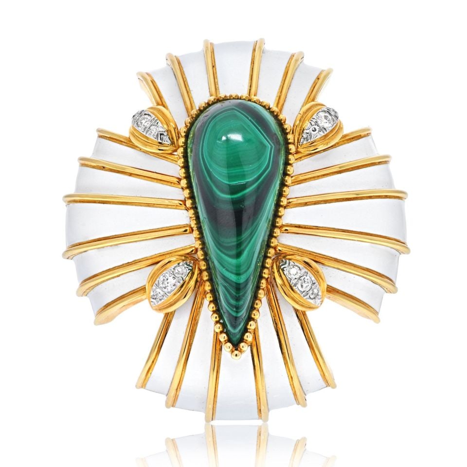 David Webb 1980s Maltese Cross Brooch in Gold Enamel and Malachite: David Webb 1980s Maltese Cross Brooch in Gold Enamel and Malachite This stunning brooch/pendant, crafted by David Webb in the 1980s, showcases a bold and colorful design in the form of a stylized Malt
