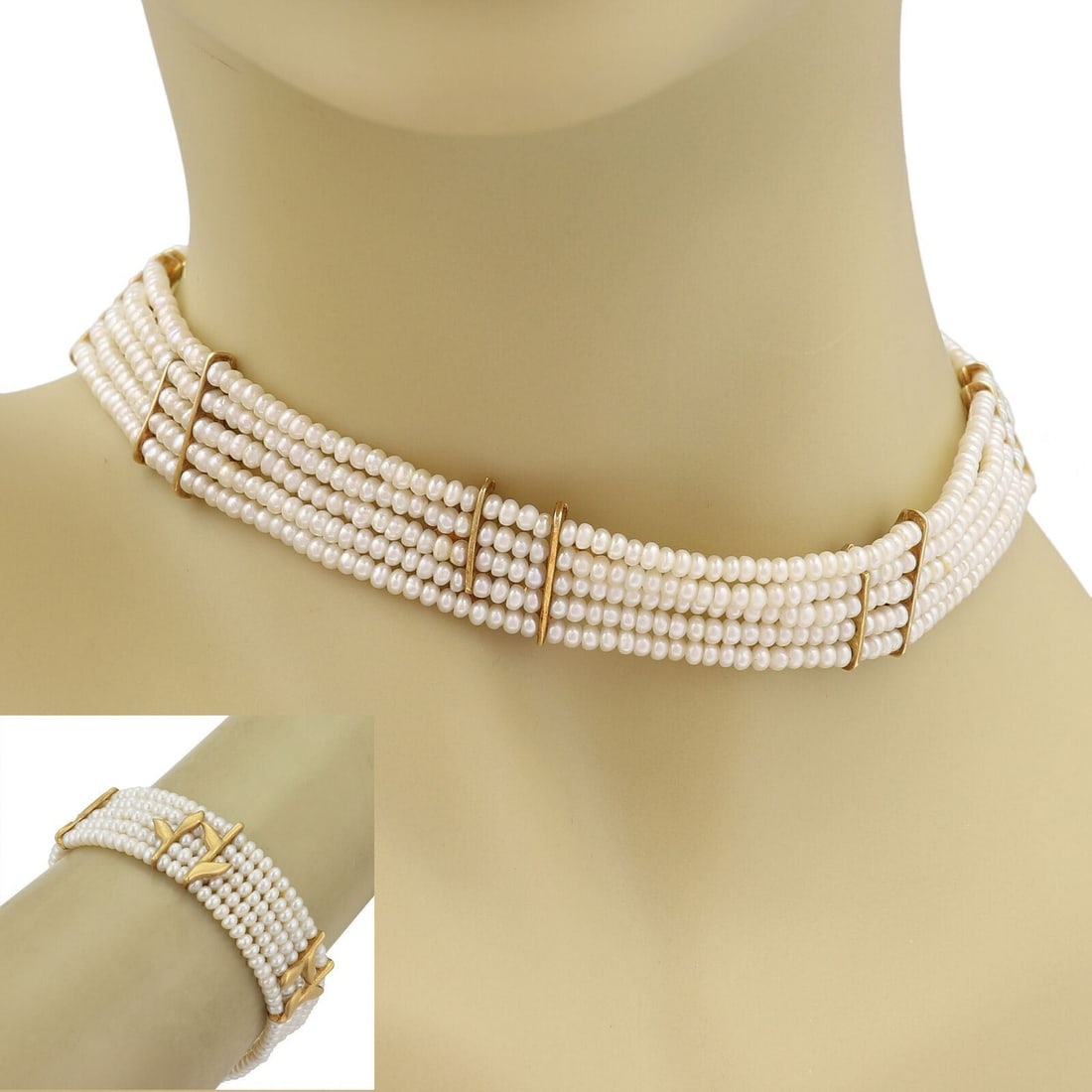 H.Stern 5 Strand Diamond Pearl 18k Gold Leaf Necklace Bracelet Set: H.Stern 5 Strand Diamond Pearl 18k Gold Leaf Necklace Bracelet Set Indulge in the elegance of this H.Stern Diamond Pearls 5 Strands 18k Gold Leaf Choker Necklace Bracelet Set. Crafted by the prestigio
