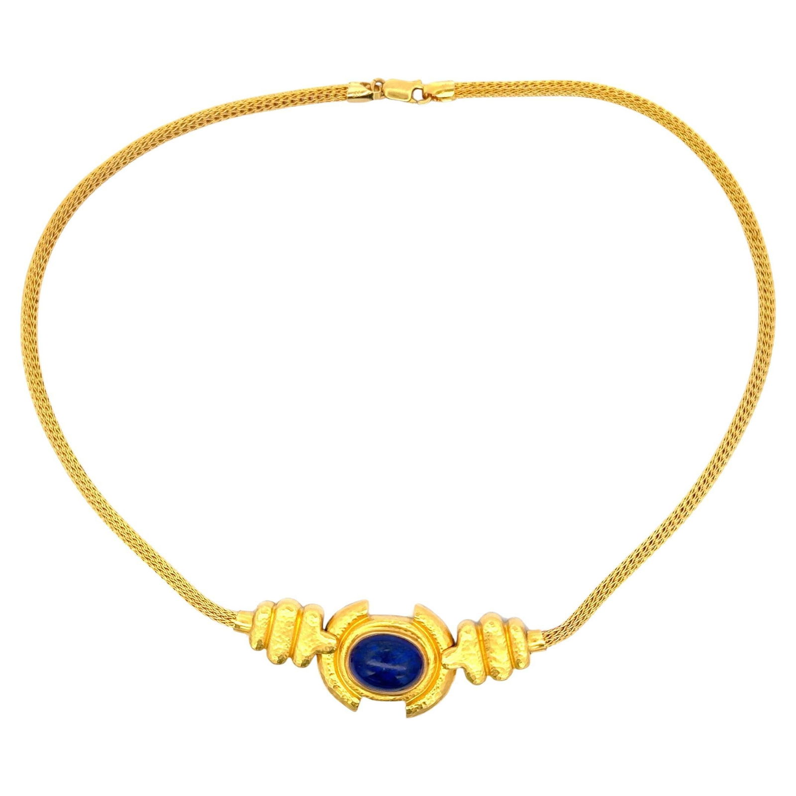 Zolotas 22K Yellow Gold Lapis Lazuli Pendant Necklace 40.9g: Zolotas 22K Yellow Gold Lapis Lazuli Pendant Necklace 40.9g This stunning Zolotas pendant necklace showcases a beautiful oval cut Lapis Lazuli, set in luxurious 22 karat yellow gold. Weighing 40.9 gra