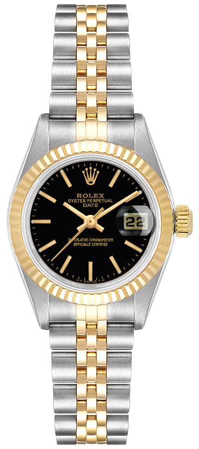 Rolex Datejust 26mm Black Dial Jubilee Bracelet Ref 79173 with Papers 2000: Rolex Datejust 26mm Black Dial Jubilee Bracelet Ref 79173 with Papers 2000 This exquisite Rolex Datejust features a sophisticated black dial and is crafted from a combination of 18k yellow gold and st