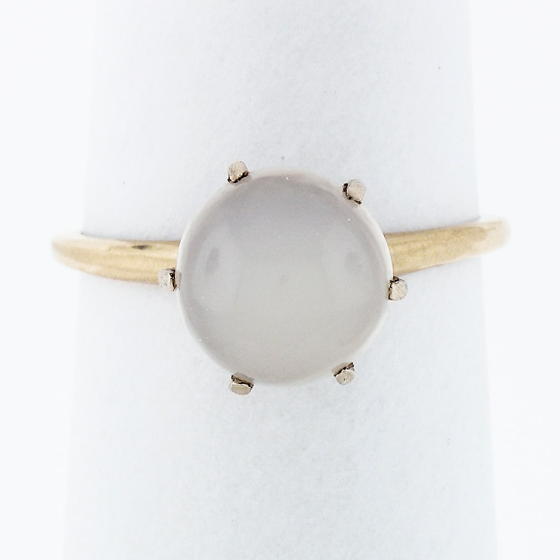 Victorian 14k Gold 1.98ct Round Cabochon Moonstone Solitaire Ring: Victorian 14k Gold 1.98ct Round Cabochon Moonstone Solitaire Ring This exquisite Antique Victorian ring features a stunning 8.3mm round cabochon moonstone, elegantly set in a six-prong design crafted