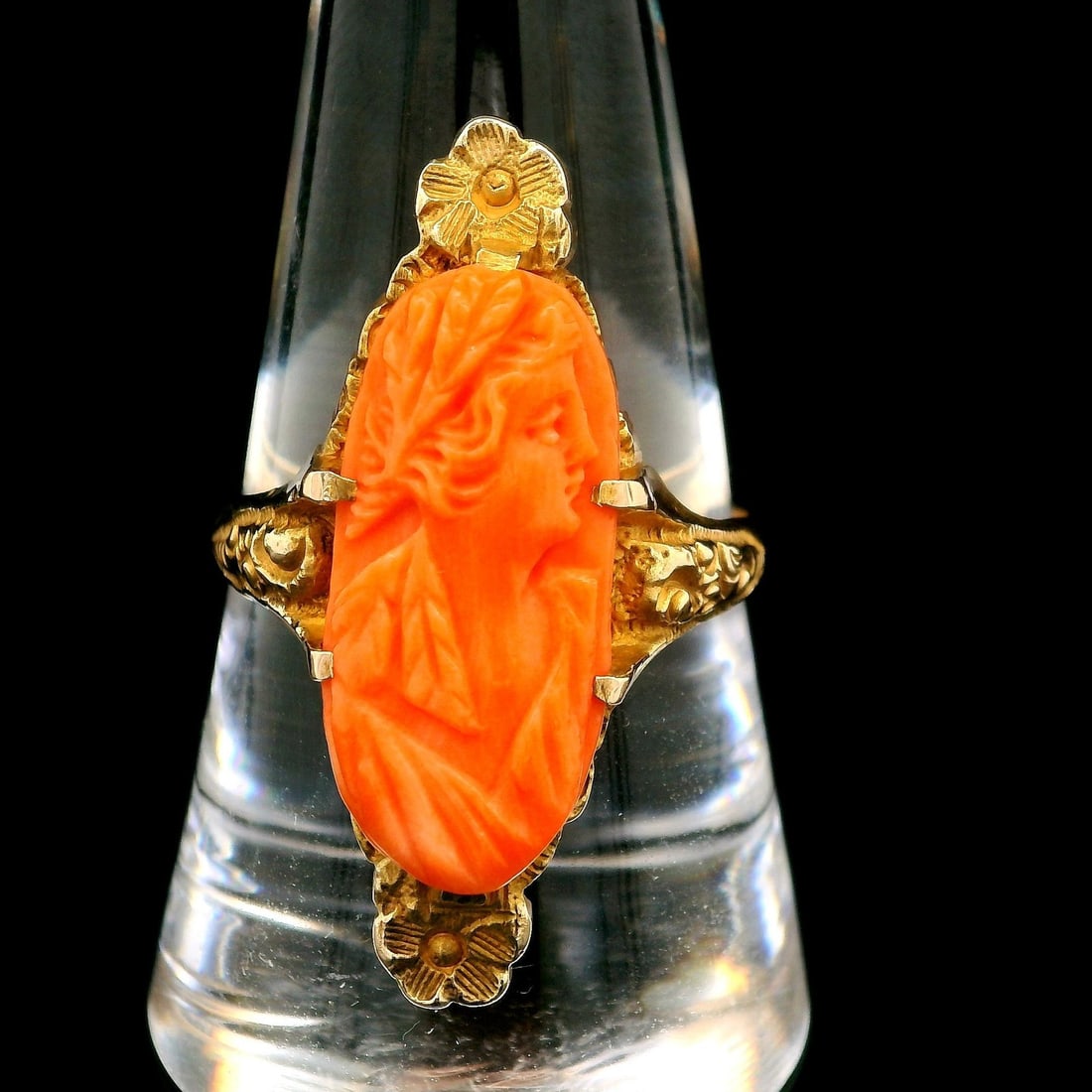 Antique 10k Yellow Gold Coral Cameo Cocktail Ring with Floral Design (1 of 6)