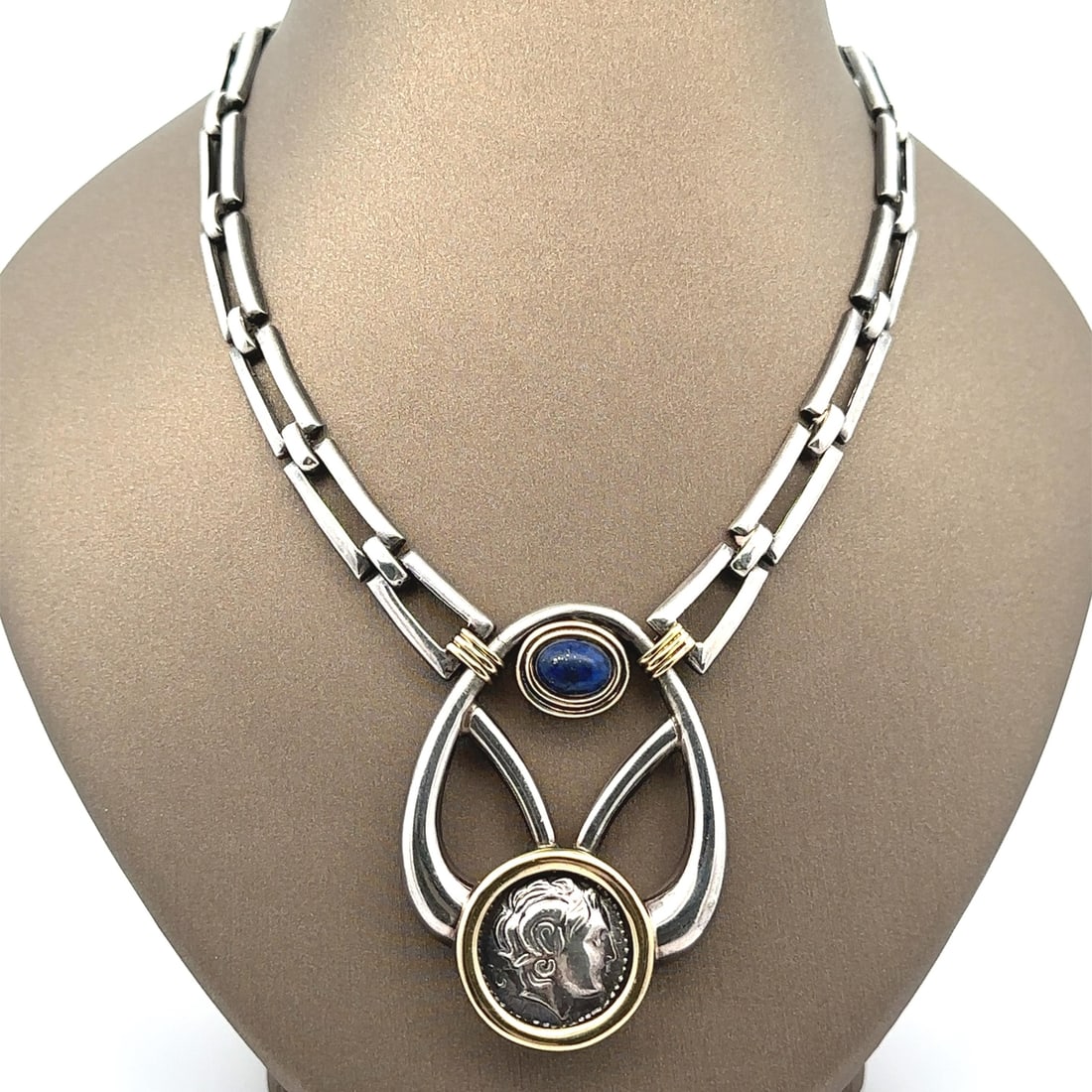 Vintage Statement Necklace with Lapis Lazuli and Coin in Silver and 14k Gold (1 of 5)