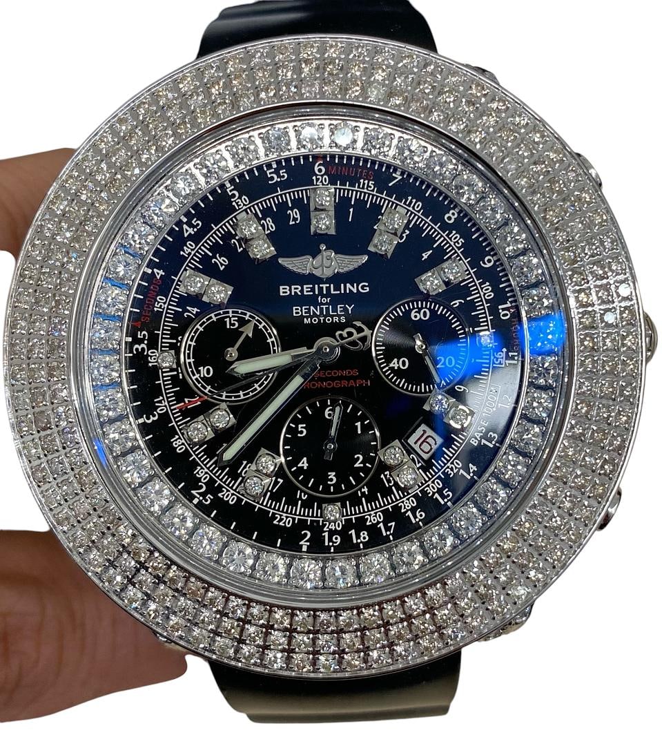 Breitling Bentley A44362 Men's Watch Black Dial Diamond Bezel Leather Strap: Breitling Bentley A44362 Men's Watch Black Dial Diamond Bezel Leather Strap This stunning Breitling Bentley watch features a striking black dial complemented by a diamond bezel, making it an elegant c