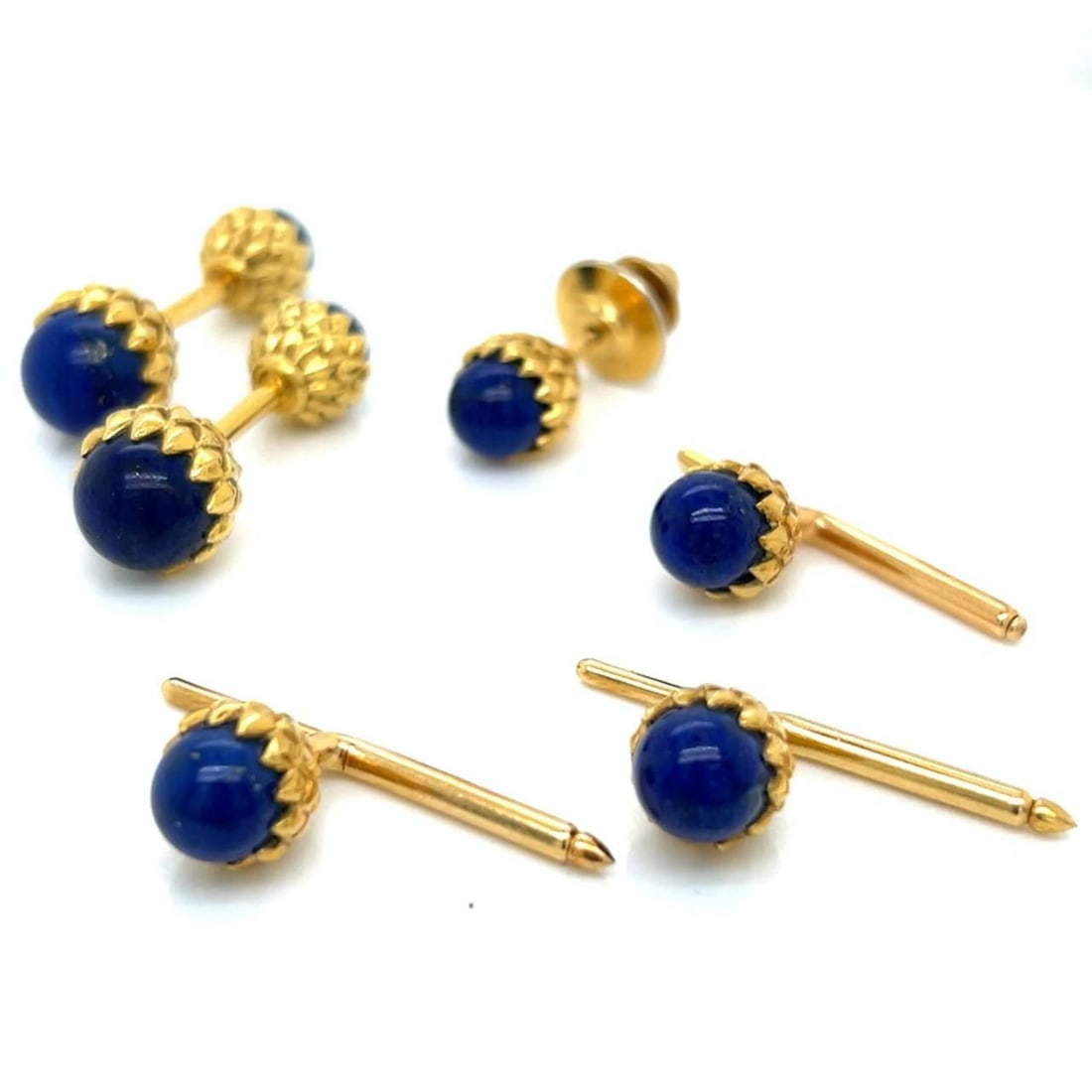 Tiffany & Co. Schlumberger 18K Gold Cufflink Button Tie Clip Set with Lapis Lazuli: Tiffany & Co. Schlumberger 18K Gold Cufflink Button Tie Clip Set with Lapis Lazuli This exquisite Tiffany & Co. Schlumberger set features a stunning arrangement of 18K gold cufflinks, buttons, and a t