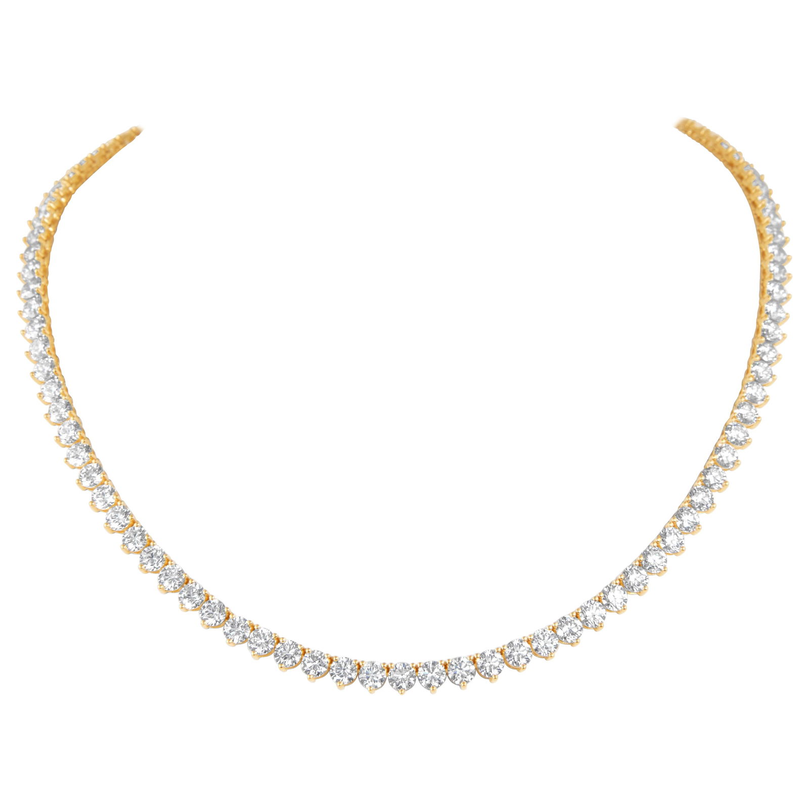 23.47ct Diamond Tennis Necklace 18k Yellow Gold: 23.47ct Diamond Tennis Necklace 18k Yellow Gold This exquisite 23.47ct diamond tennis necklace showcases a stunning array of 96 round brilliant diamonds, each expertly set in a classic three-prong des