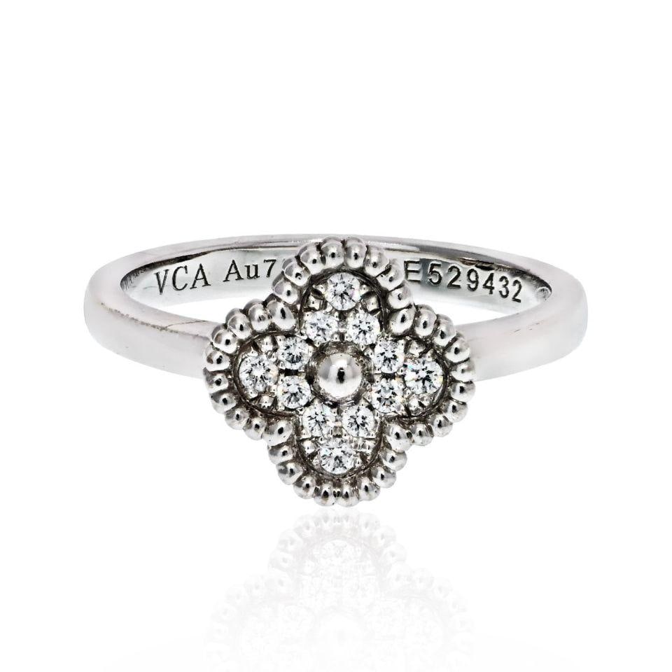Van Cleef & Arpels 18K White Gold Sweet Alhambra Diamond Ring US 4: Van Cleef & Arpels 18K White Gold Sweet Alhambra Diamond Ring US 4 This exquisite Van Cleef & Arpels Sweet Alhambra ring features a stunning design crafted from 18K white gold. Adorned with a diamond
