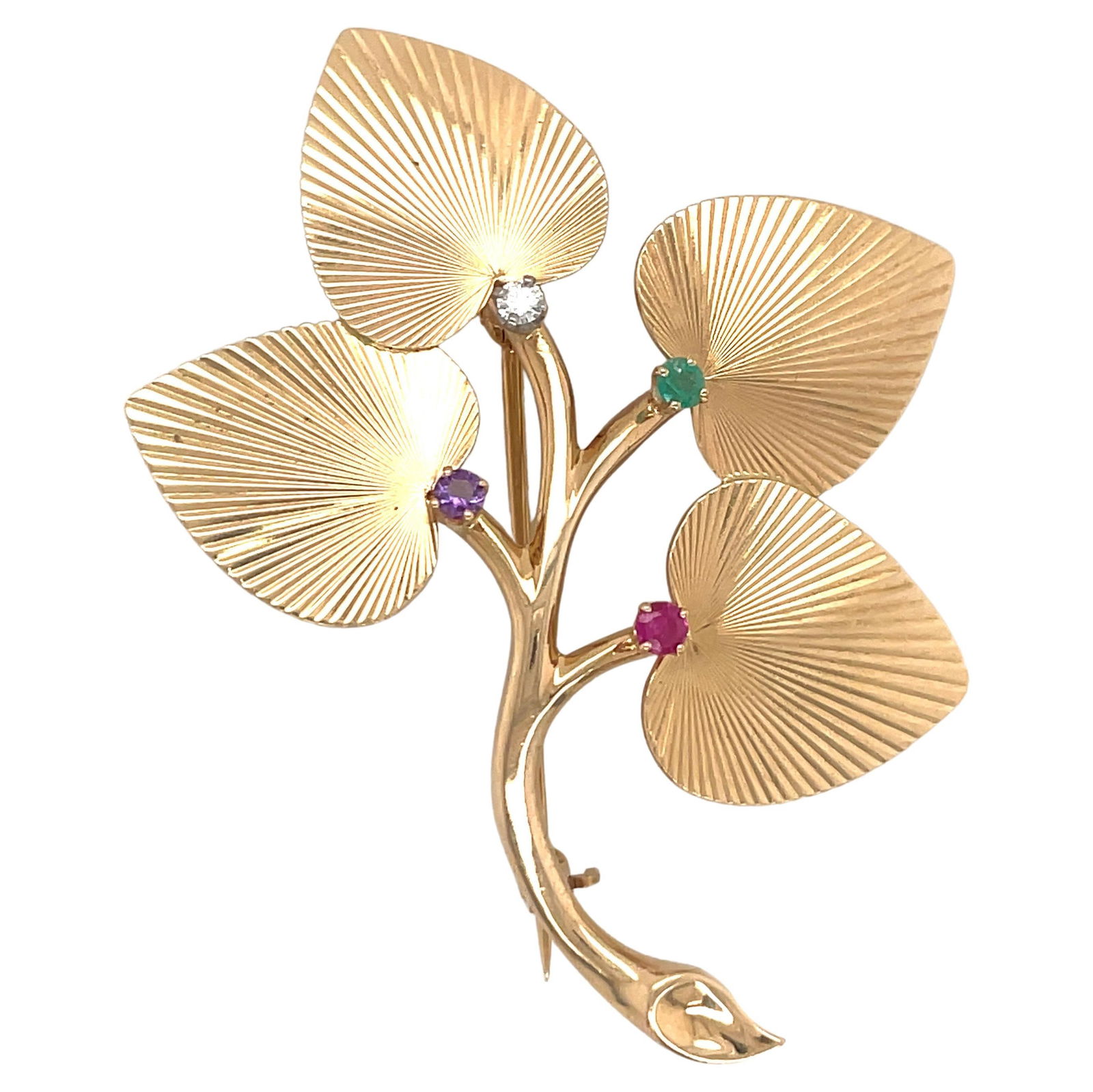Tiffany & Co. Floral Pin Brooch 14K Yellow Gold Gemstones 1990s: Tiffany & Co. Floral Pin Brooch 14K Yellow Gold Gemstones 1990s This exquisite floral pin brooch is crafted from 14 karat yellow gold and features a stunning arrangement of gemstones including one dia