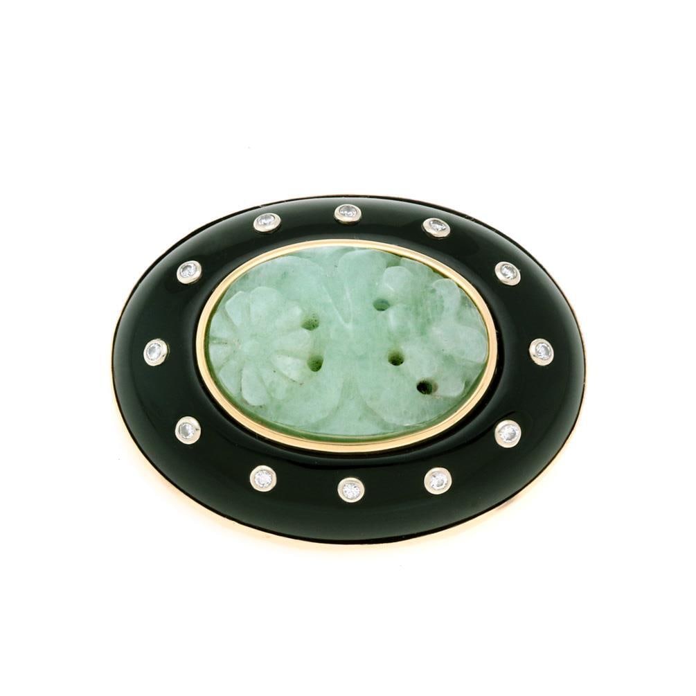 Trianon I Magnin 14k Gold Diamond Jade Onyx Pendant Brooch: Trianon I Magnin 14k Gold Diamond Jade Onyx Pendant Brooch This exquisite pendant or brooch, crafted by designer Trianon I Magnin, showcases a stunning combination of materials. It features a long dom