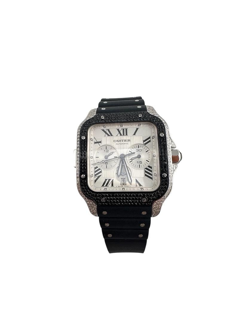Cartier Santos XL Chrono Silver Roman Dial Diamond Bezel Rubber Ref 4183: Cartier Santos XL Chrono Silver Roman Dial Diamond Bezel Rubber Ref 4183 Introducing the Cartier Santos XL Chrono, a stunning timepiece designed for men. This watch features a striking silver Roman di