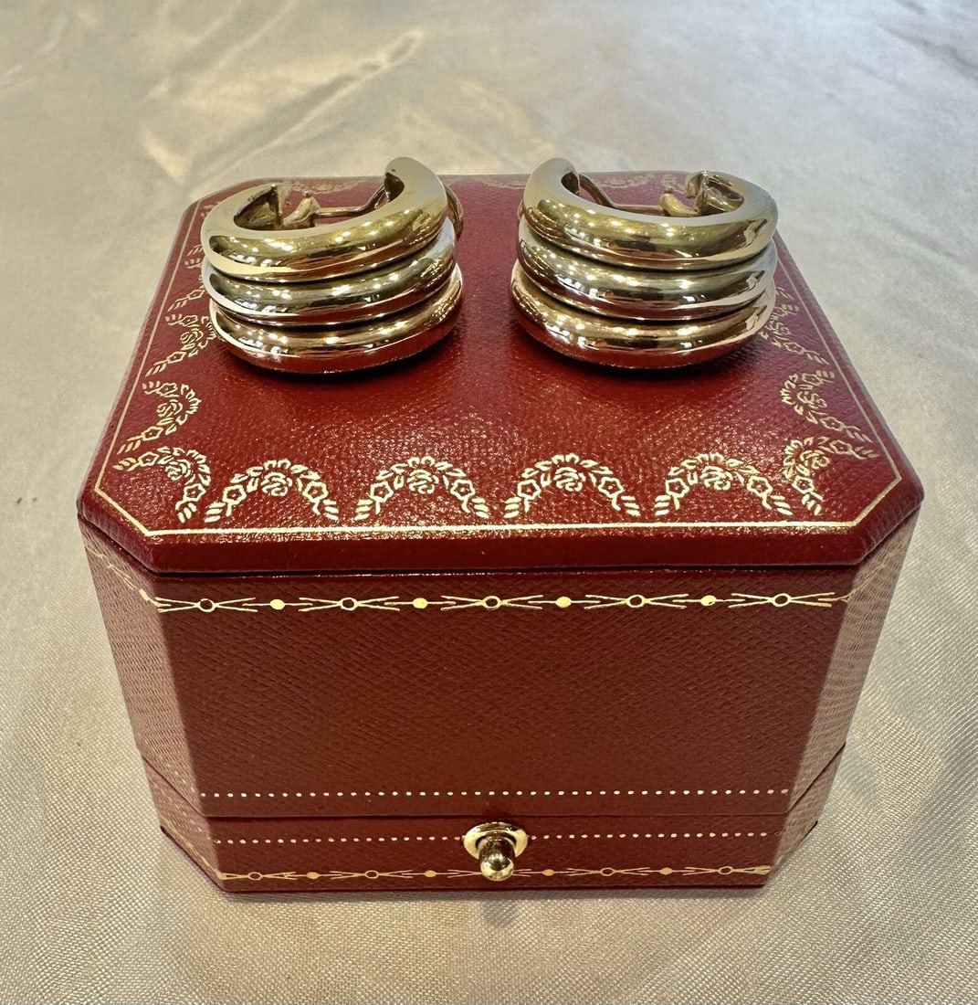 Cartier 18K Multi-Tone Gold Earrings with Original Box: Cartier 18K Multi-Tone Gold Earrings with Original Box Discover this exquisite pair of Cartier earrings crafted from 18K yellow, white, and rose gold. Each earring showcases a multi-tone gold design,
