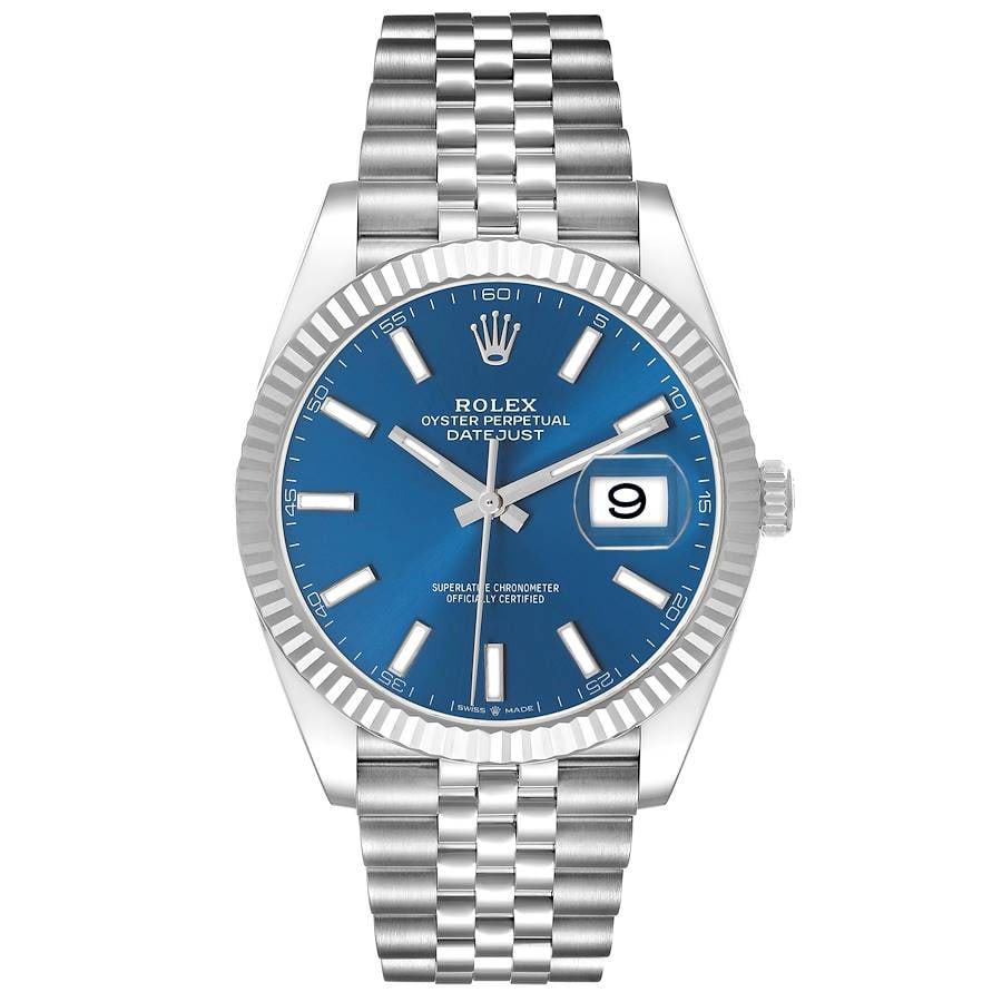 Rolex Datejust 126334 Blue Index Dial Jubilee Stainless Steel 2019: Rolex Datejust 126334 Blue Index Dial Jubilee Stainless Steel 2019 This exquisite Rolex Datejust features a striking blue index dial, complemented by a fluted bezel and a comfortable Jubilee bracelet.
