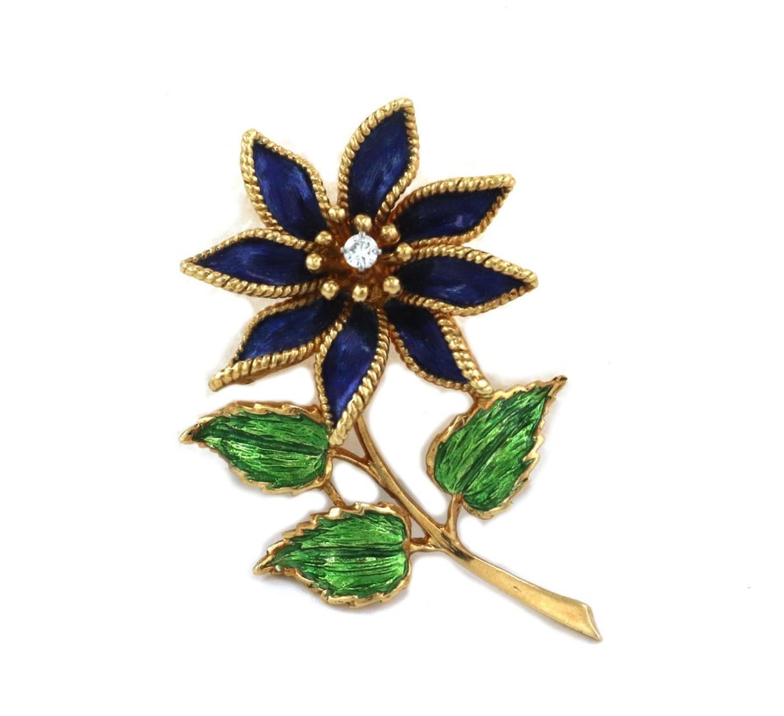 Tiffany & Co. Vintage 18k Yellow Gold Diamond Flower Brooch: Tiffany & Co. Vintage 18k Yellow Gold Diamond Flower Brooch This exquisite vintage brooch from Tiffany & Co. showcases a stunning design crafted from 18k yellow gold. The brooch features a beautiful f