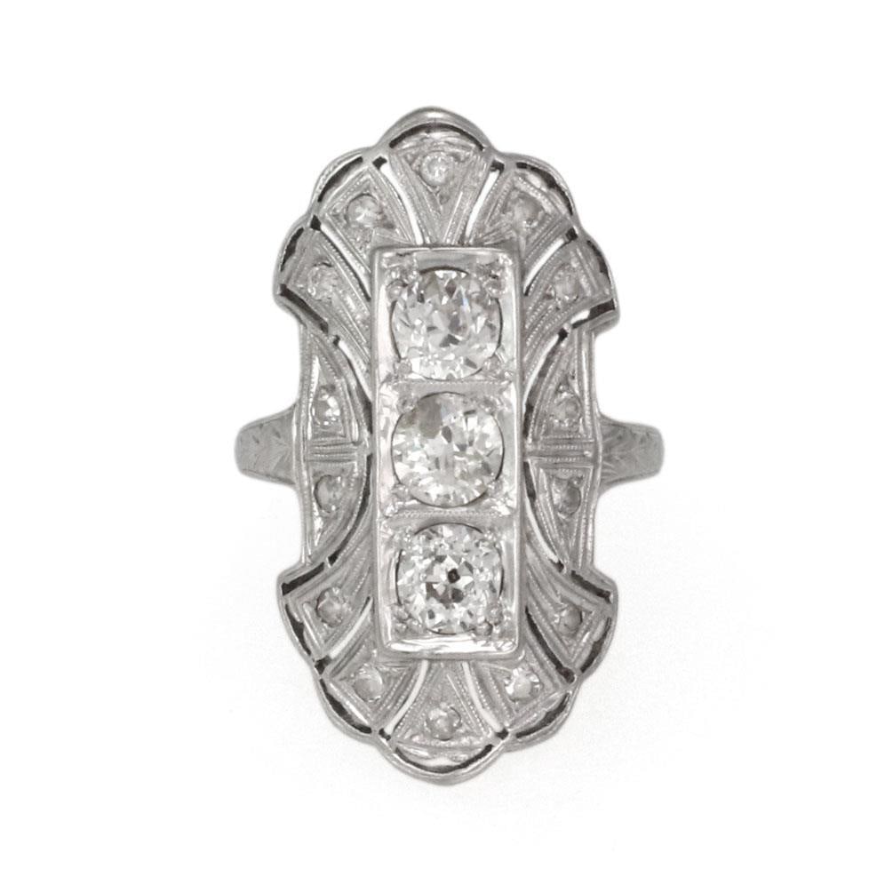 Art Deco 18k White Gold Floral Diamond Ring 1.00 ct Size 6: Art Deco 18k White Gold Floral Diamond Ring 1.00 ct Size 6 This exquisite Art Deco long finger ring is elegantly crafted from 18k white gold, showcasing a stunning floral design with scalloped edges a