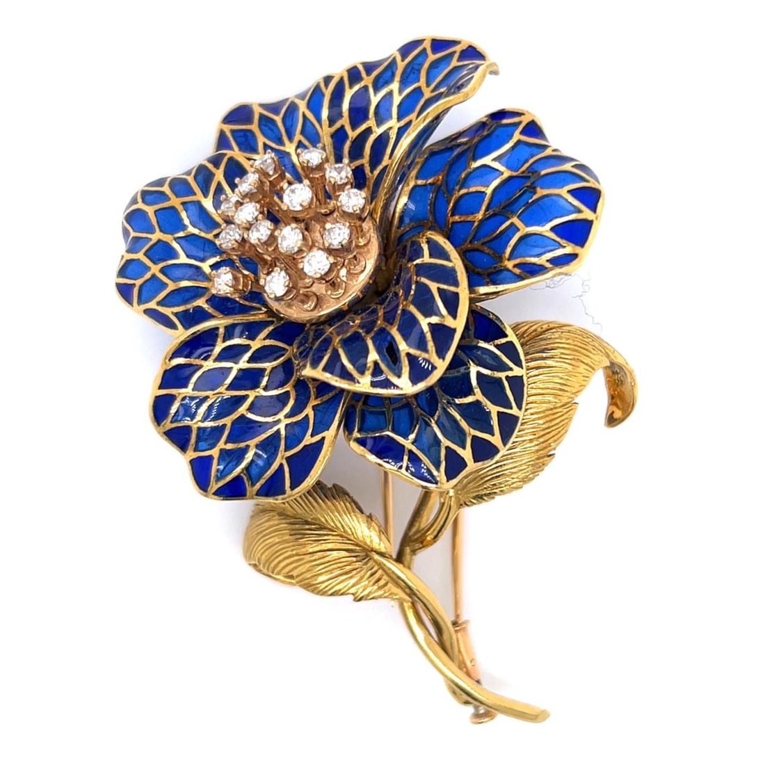 1970s French 18K Yellow Gold Plique-a-Jour Diamond Flower Brooch: 1970s French 18K Yellow Gold Plique-a-Jour Diamond Flower Brooch This exquisite 1970's French flower brooch is crafted in 18K yellow gold with a stunning plique-a-jour design. The brooch features 15 d