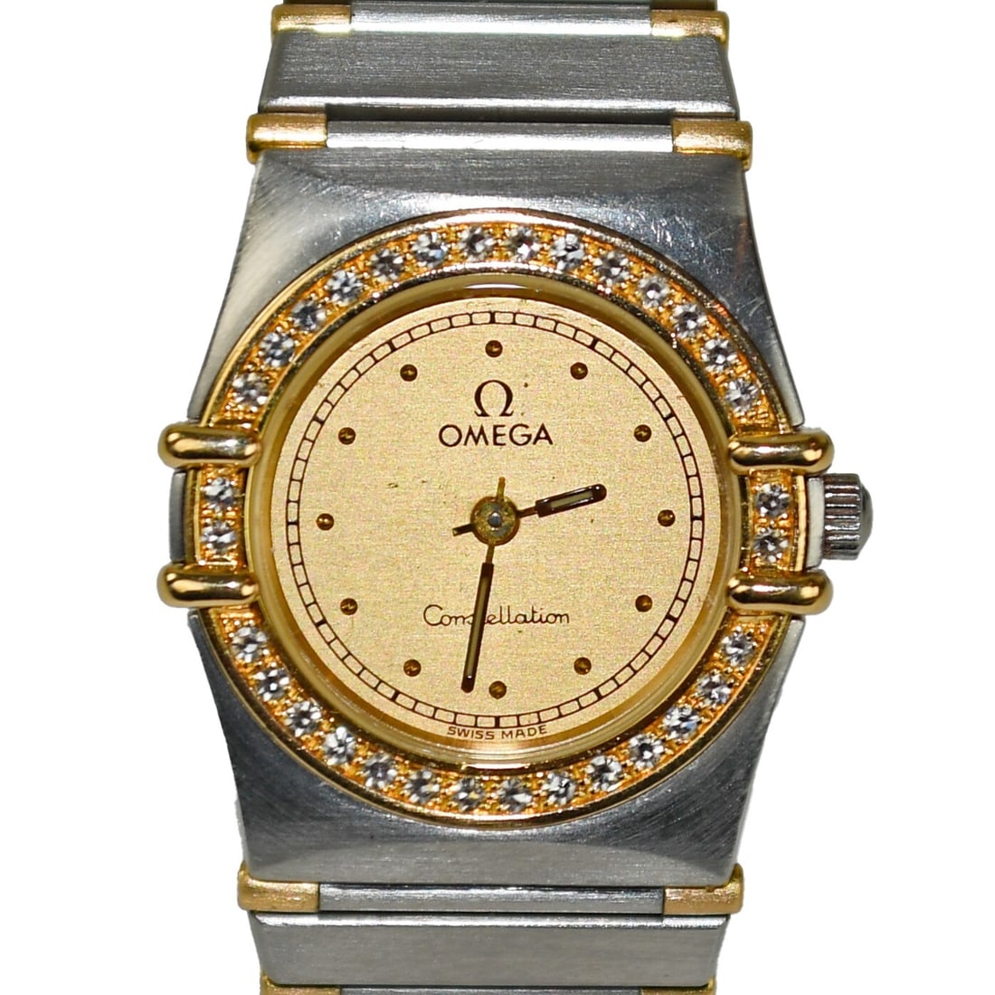 Omega Constellation Two-Tone Bracelet Watch with Diamond Bezel 23mm: Omega Constellation Two-Tone Bracelet Watch with Diamond Bezel 23mm This stunning Omega Constellation watch features a classic two-tone design, combining 18k yellow gold and stainless steel with a lux