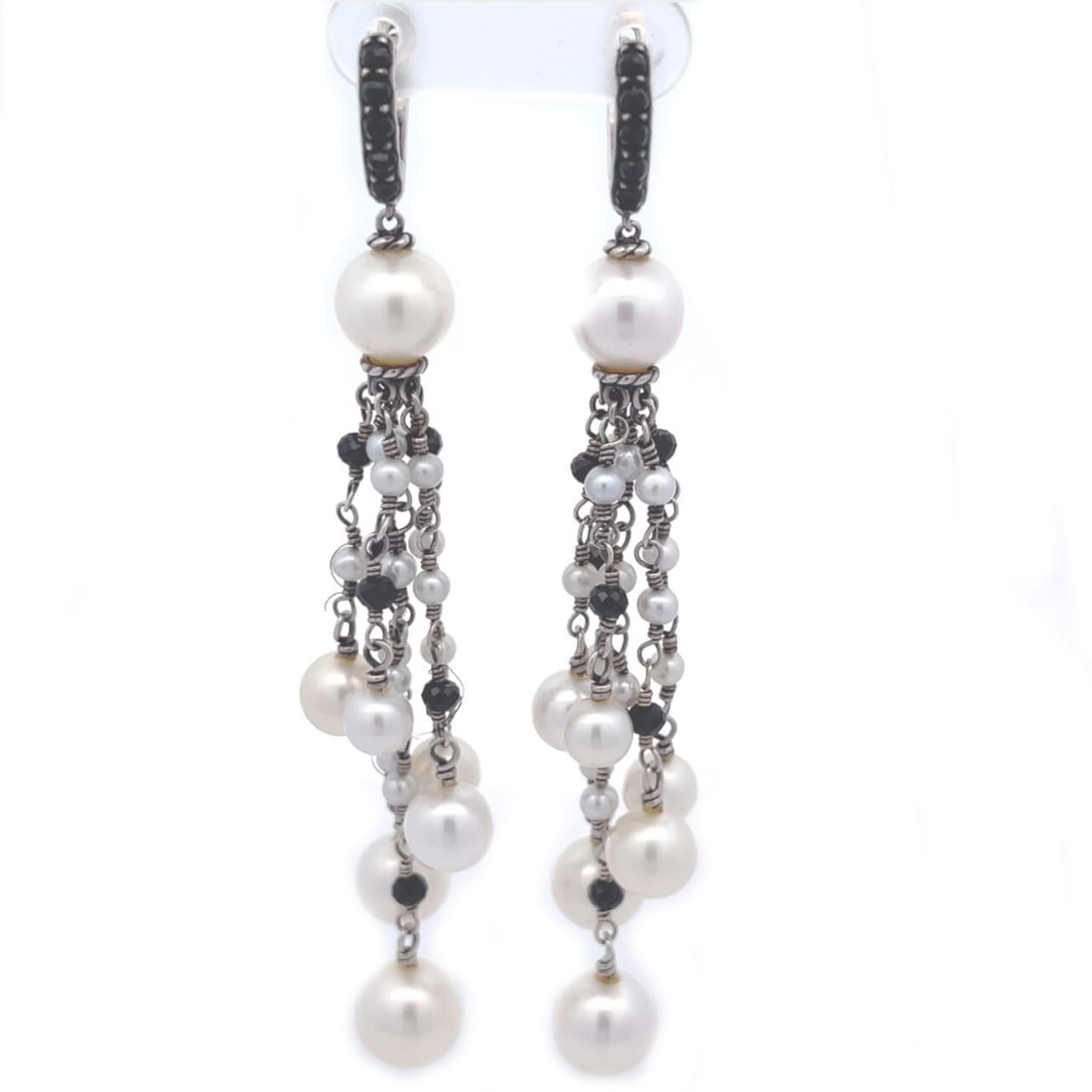 David Yurman Long Dangle Earrings Sterling Silver 14k Gold Onyx Pearl: David Yurman Long Dangle Earrings Sterling Silver 14k Gold Onyx Pearl Elevate your elegance with these authentic David Yurman long dangle earrings, meticulously crafted from sterling silver and featur