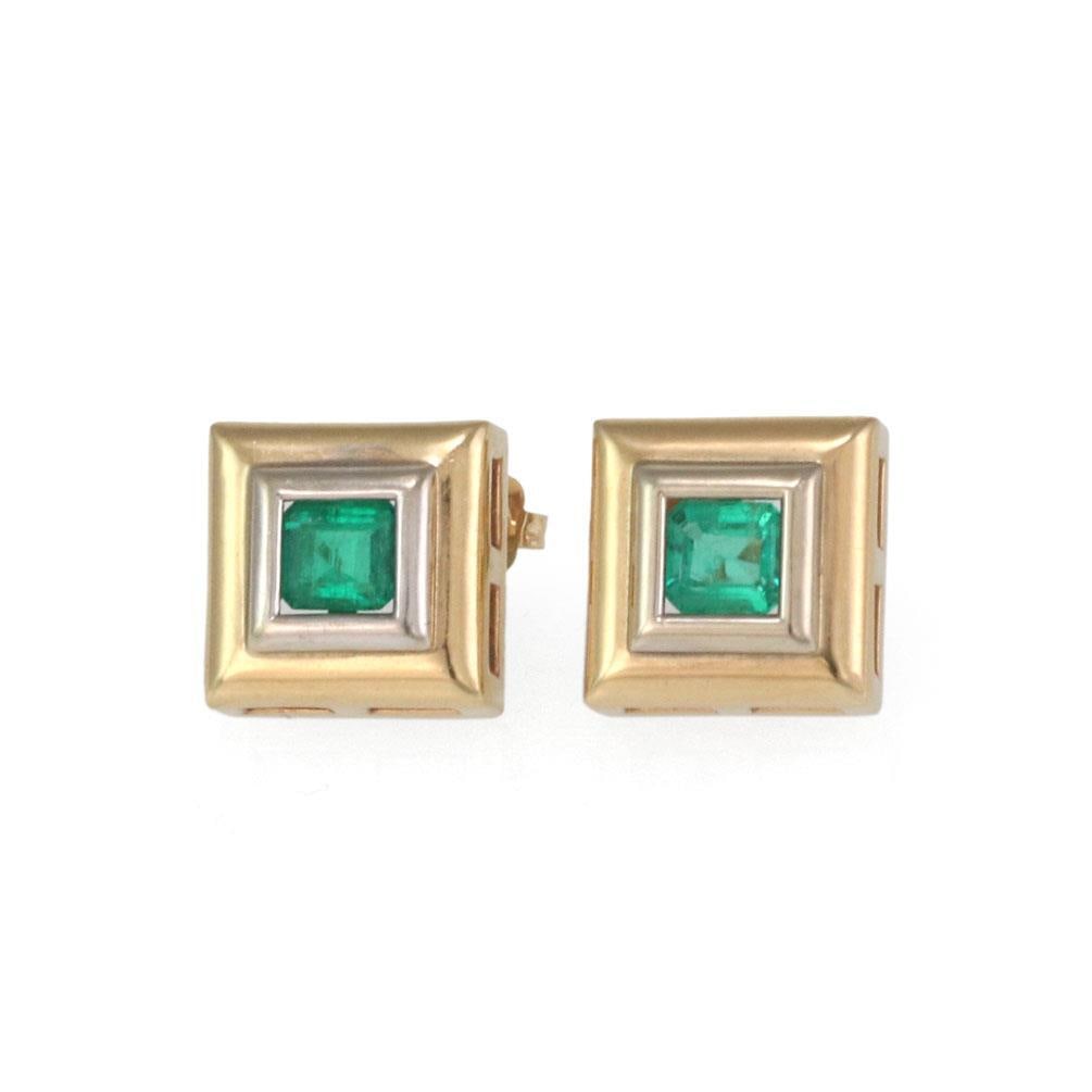 14k Two Tone Gold 1.25ct Emerald Square Stud Earrings: 14k Two Tone Gold 1.25ct Emerald Square Stud Earrings Elevate your style with these exquisite 14k Two Tone Gold Square Stud Earrings. Crafted from luxurious 14k yellow and white gold, these earrings s