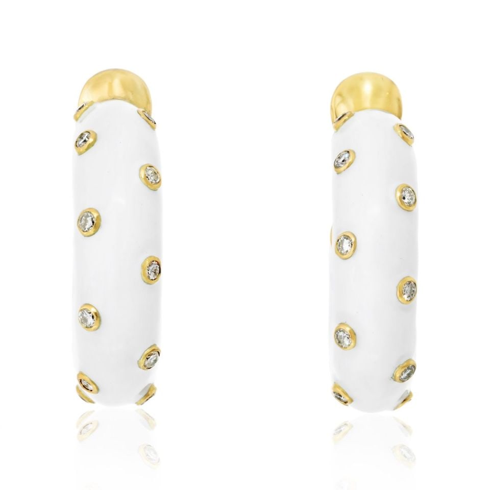 David Webb 18K Yellow Gold Platinum Diamond Enamel Mini Hoop Earrings: David Webb 18K Yellow Gold Platinum Diamond Enamel Mini Hoop Earrings Experience the elegance of these David Webb mini hoop earrings, masterfully crafted from a luxurious combination of platinum and 1