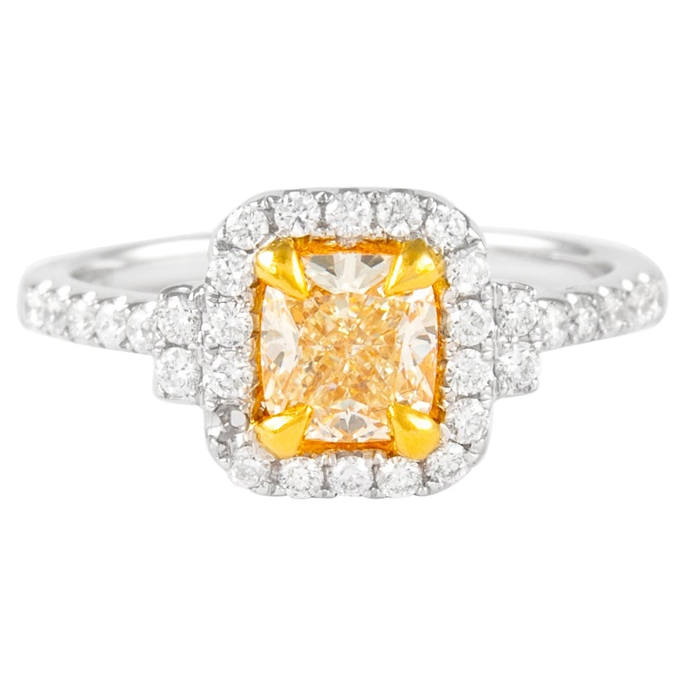 1.39ct Fancy Yellow Diamond Ring 18k Two-Tone EGL Certified: 1.39ct Fancy Yellow Diamond Ring 18k Two-Tone EGL Certified Elevate your style with this stunning 1.39ct Fancy Yellow VS1 Cushion Diamond Ring, beautifully crafted in 18k two-tone gold. This contempor