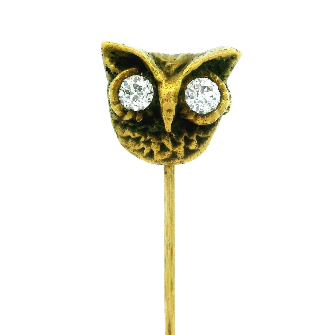 Victorian 14k Yellow Gold Owl Head Stick Pin with Diamond Eyes: Victorian 14k Yellow Gold Owl Head Stick Pin with Diamond Eyes This exquisite Antique Victorian stick pin showcases a meticulously detailed owl head crafted from 14k yellow gold. The owl features two