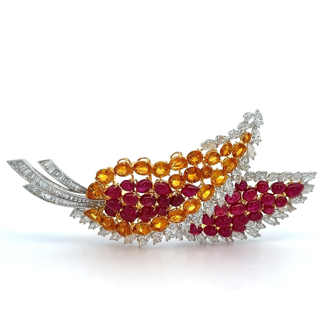 GIA Certified 51.68ct Sapphire Ruby Diamond Double Leaf Brooch in Platinum 18k Gold: GIA Certified 51.68ct Sapphire Ruby Diamond Double Leaf Brooch in Platinum 18k Gold This exquisite large double leaf brooch showcases a stunning array of gemstones, including 24 natural genuine sapphi