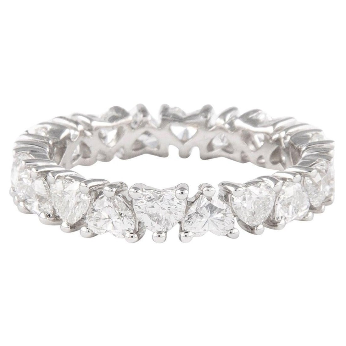 2.82ct Heart Diamond Eternity Band 18k White Gold: 2.82ct Heart Diamond Eternity Band 18k White Gold This stunning eternity band features a captivating design adorned with 20 heart-cut diamonds, totaling 2.82 carats of D/E color and VVS clarity. Craft