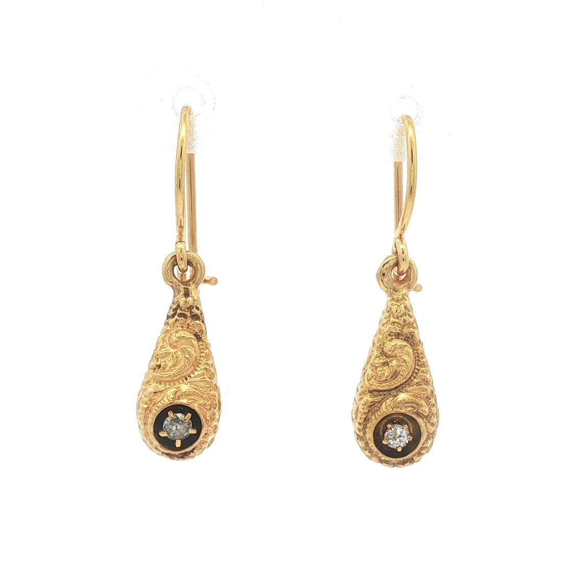 Victorian 14k Yellow Gold 0.08ct Old Mine Cut Diamond Teardrop Earrings: Victorian 14k Yellow Gold 0.08ct Old Mine Cut Diamond Teardrop Earrings Elevate your elegance with these Antique Victorian teardrop earrings, meticulously crafted in solid 14k yellow gold featuring a