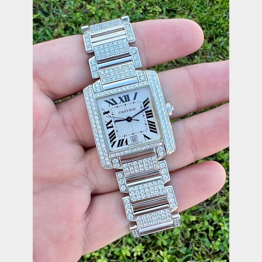 CARTIER 18K White Gold Tank Francaise Automatic 513 Aftermarket Diamonds: CARTIER 18K White Gold Tank Francaise Automatic 513 Aftermarket Diamonds This exquisite Cartier Tank Francaise watch is crafted from 18K white gold and features an automatic movement. It boasts a subs
