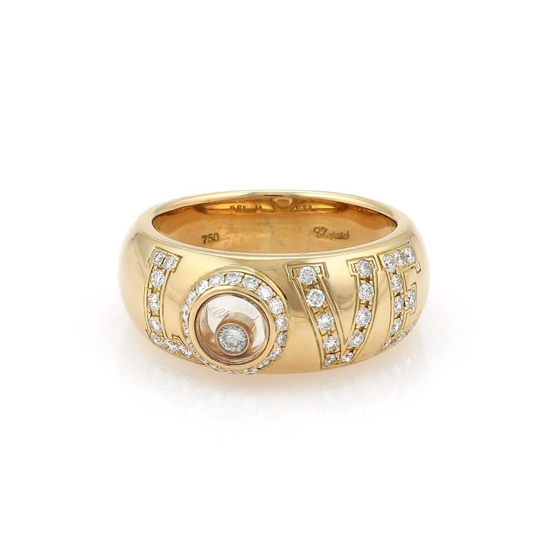 Chopard Happy Diamond 18k Yellow Gold LOVE Ring with Floating Diamond Size 5: Chopard Happy Diamond 18k Yellow Gold LOVE Ring with Floating Diamond Size 5 This stunning band ring is a genuine piece from Chopard's Happy Diamond collection, expertly crafted from 18k yellow gold w