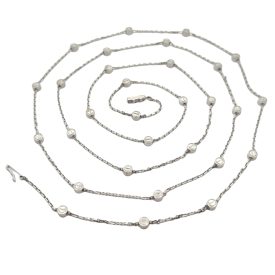 Cartier 18K White Gold 46 Inch Love Screw Station Necklace with Box: Cartier 18K White Gold 46 Inch Love Screw Station Necklace with Box Experience elegance with the Cartier 18k White Gold Love Screw Station Wrap Necklace. This luxurious piece features a 46-inch bevele