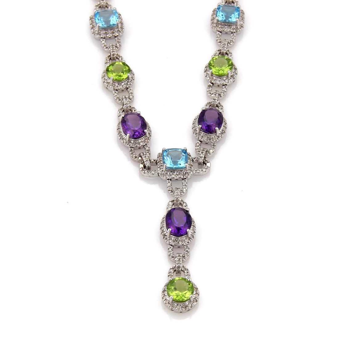 Estate 56.37ct Diamond Amethyst Blue Topaz Peridot 14k White Gold Necklace with Appraisal: Estate 56.37ct Diamond Amethyst Blue Topaz Peridot 14k White Gold Necklace with Appraisal This stunning Estate necklace is designed from 14k white gold, featuring a polished finish that enhances its e