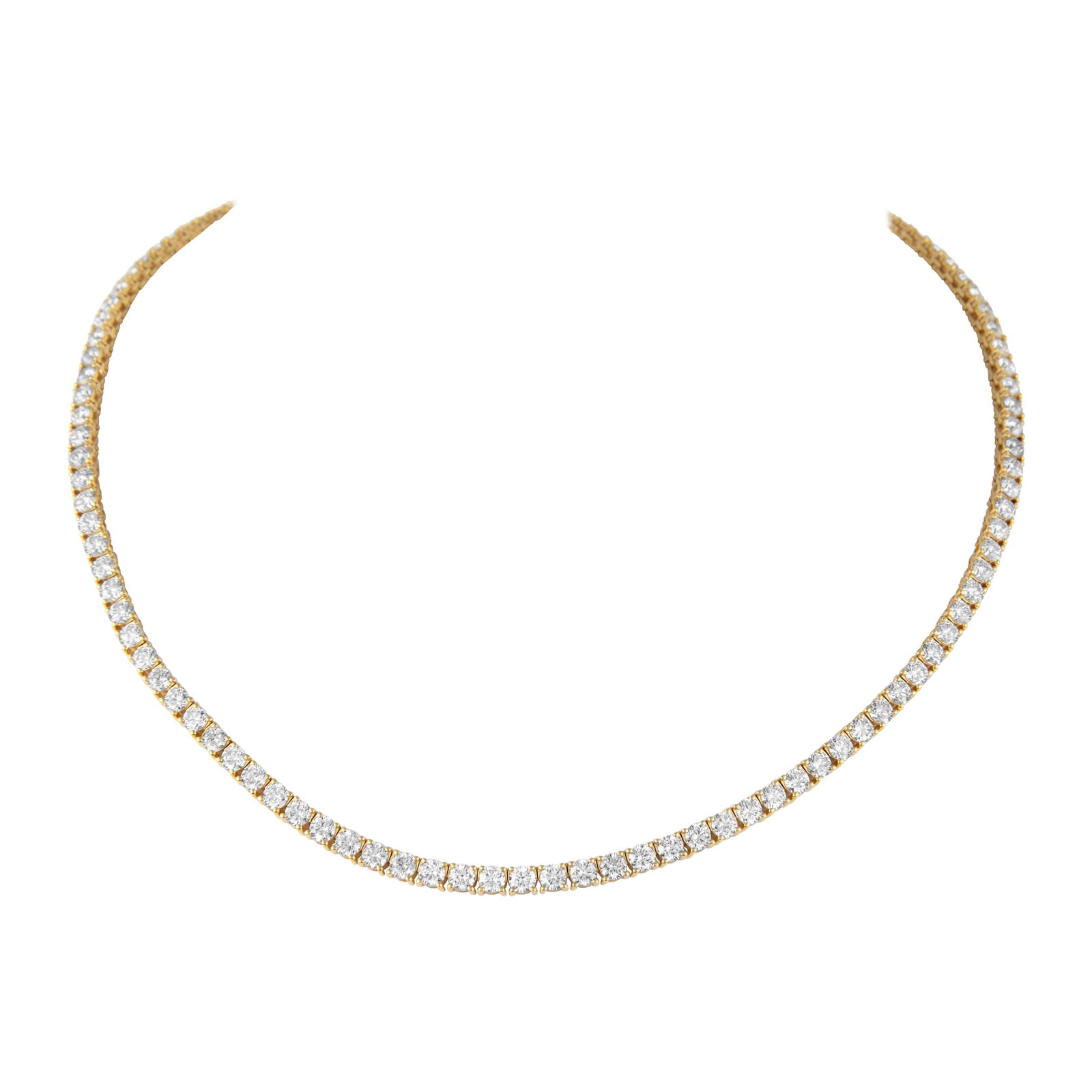 13.07ct Diamond Tennis Necklace 18k Yellow Gold Contemporary: 13.07ct Diamond Tennis Necklace 18k Yellow Gold Contemporary This stunning diamond tennis necklace features a total weight of 13.07 carats, showcasing 114 round brilliant diamonds with approximately I