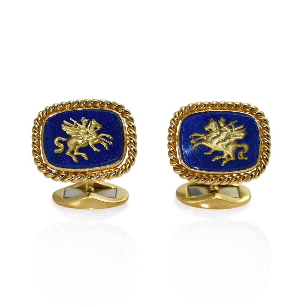 18K Yellow Gold Lapis Cufflinks with Incused Design (1 of 7)