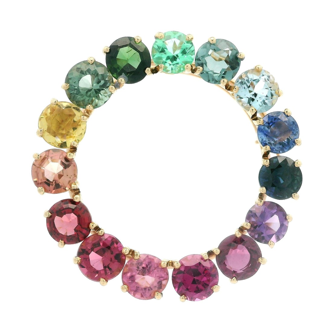 14k Yellow Gold GIA 7.5ctw Multicolor Gemstone Wreath Brooch Pendant: 14k Yellow Gold GIA 7.5ctw Multicolor Gemstone Wreath Brooch Pendant This stunning 14k Gold Open Wreath Pin Brooch Pendant features a vibrant array of multicolored gemstones, including sapphires, emer