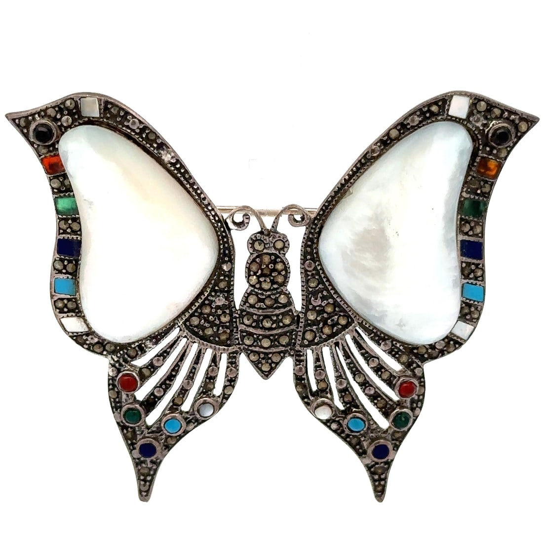 Vintage Sterling Silver Mother of Pearl Marcasite Butterfly Brooch Pin: Vintage Sterling Silver Mother of Pearl Marcasite Butterfly Brooch Pin This exquisite vintage brooch features a stunning butterfly design crafted from sterling silver, highlighted with mother of pearl