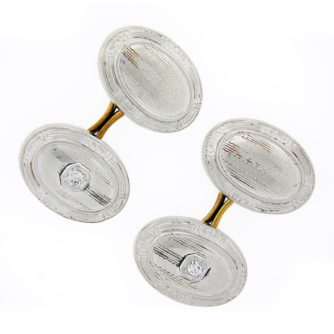 Antique Art Deco 14k Gold 0.14ctw Diamond Hand Etched Cuff Links: Antique Art Deco 14k Gold 0.14ctw Diamond Hand Etched Cuff Links Exquisite antique Art Deco cuff links crafted from solid 14k yellow gold with a striking solid 14k white gold top. These cuff links fea