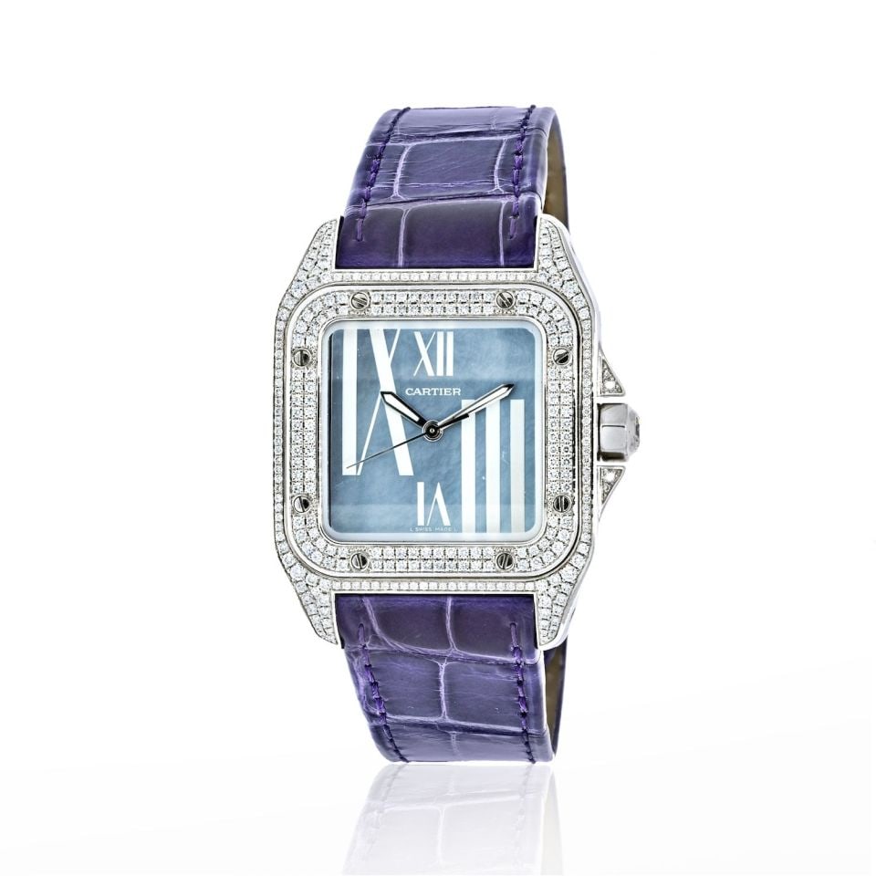 Cartier Santos 100 18K White Gold Diamond Unisex Watch with Grey Mother-of-Pearl Dial: Cartier Santos 100 18K White Gold Diamond Unisex Watch with Grey Mother-of-Pearl Dial Experience luxury with this stunning Cartier Santos 100 unisex watch, crafted from 18K white gold. This vintage ti