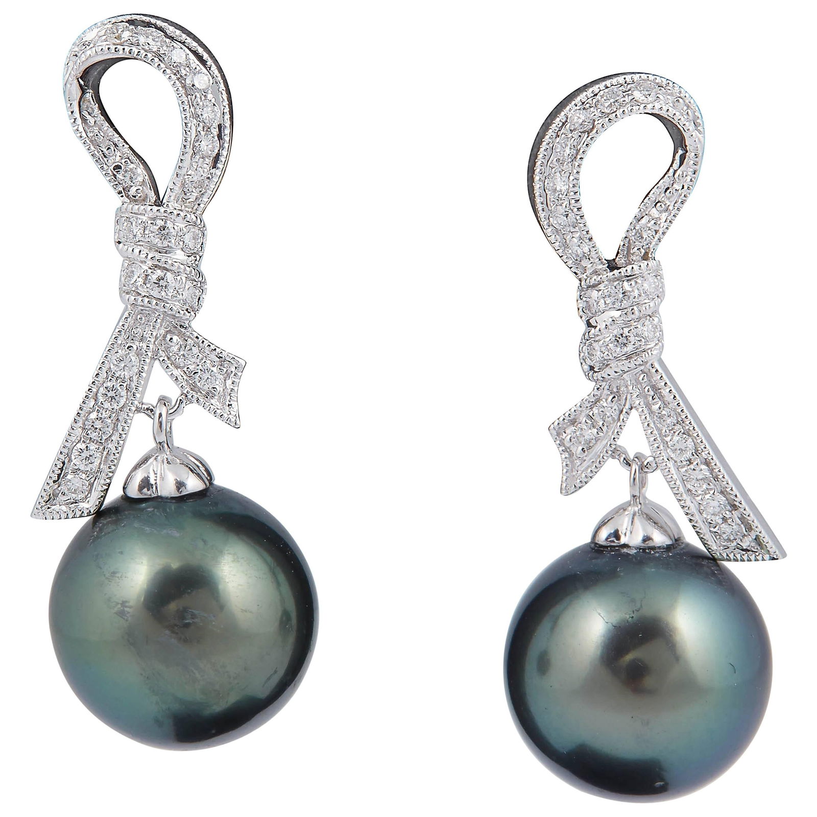Harbor Diamonds 18K White Gold Bow Shape Diamond Tahitian Pearl Earrings: Harbor Diamonds 18K White Gold Bow Shape Diamond Tahitian Pearl Earrings Enhance your elegance with these stunning Bow Shape Diamond and Tahitian Drop Dangle Earrings. Crafted in luxurious 18k white g