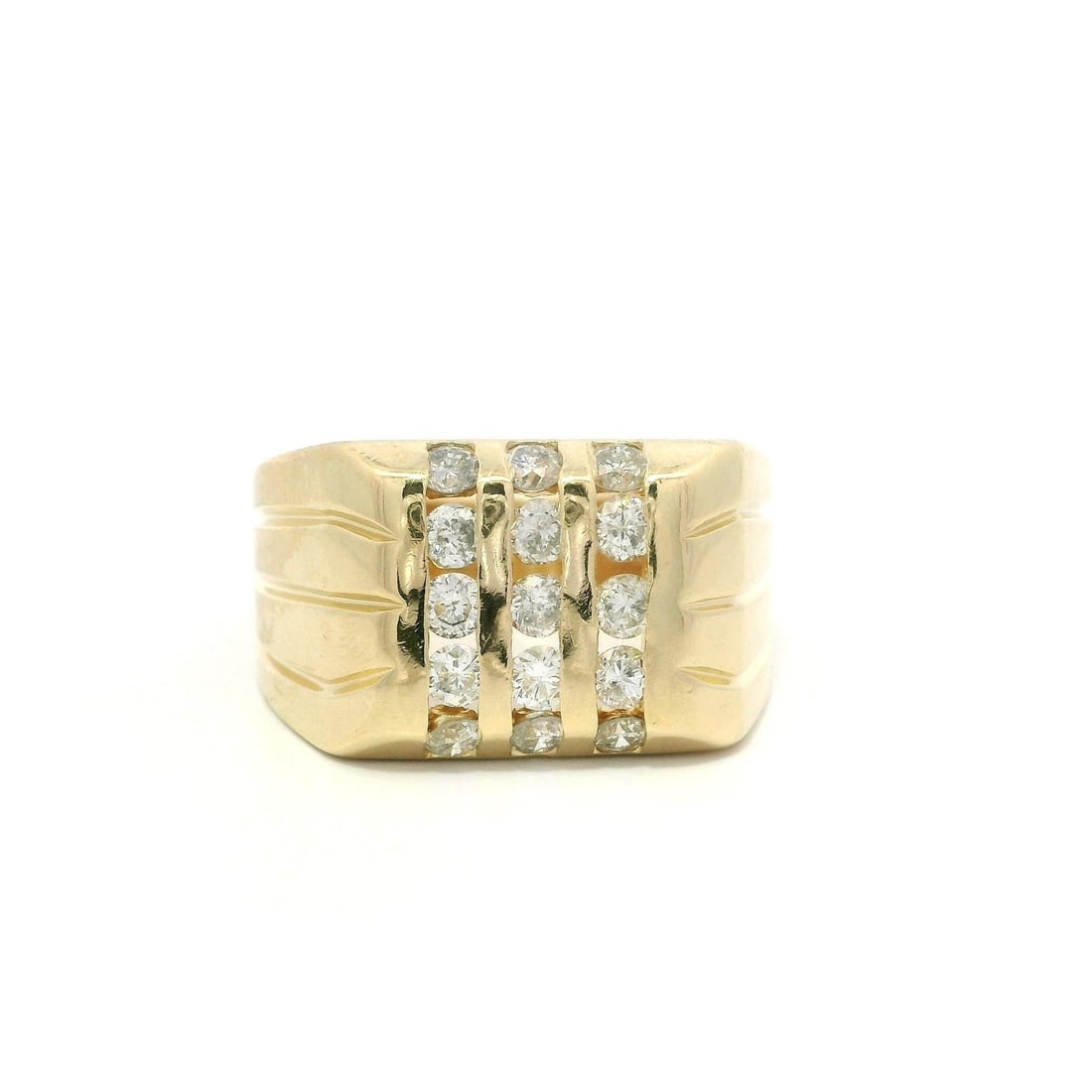 Men's 14k Yellow Gold 0.75ctw Diamond Channel Set Band Ring: Men's 14k Yellow Gold 0.75ctw Diamond Channel Set Band Ring This stunning men's band ring features a wide grooved square design, crafted from 14k solid yellow gold. It is channel set with 15 natural,