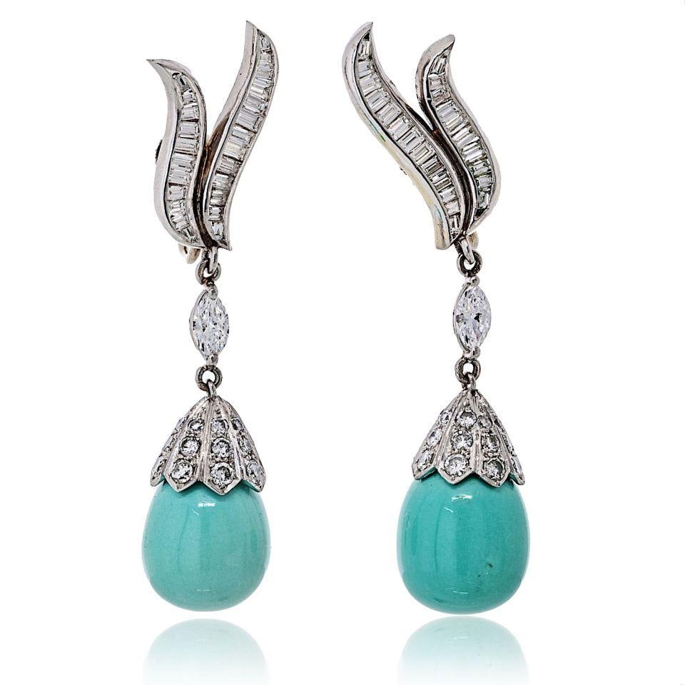 1960's Platinum Earrings with Turquoise Teardrop and 5 Carats of Diamonds: 1960's Platinum Earrings with Turquoise Teardrop and 5 Carats of Diamonds These stunning earrings feature a classic teardrop design, showcasing exquisite turquoise stones set in luxurious platinum. Cr